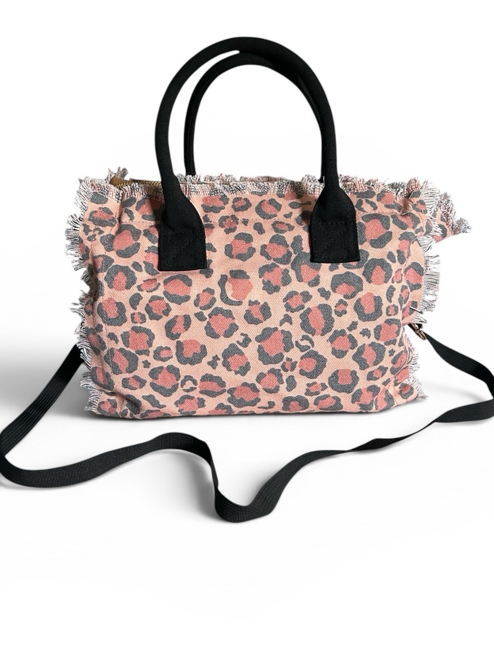 Two to Five Canvas Leopard Fringed Tote Bag Handbag with Crossbody Strap Medium